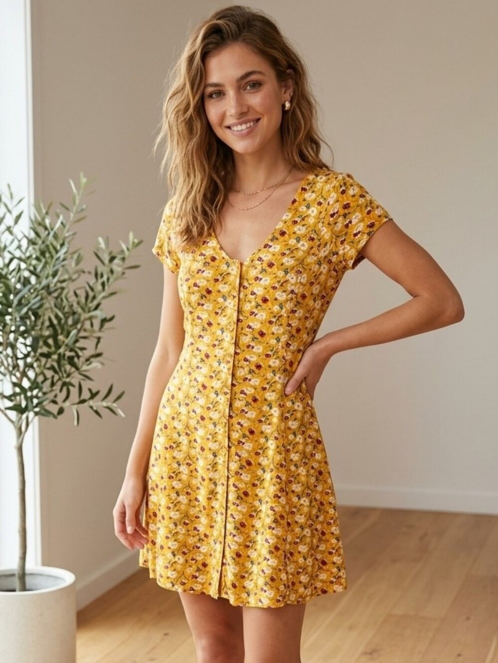 Band of Gypsies Yellow Floral Button-Front Mini Dress Boho Cottagecore Casual L